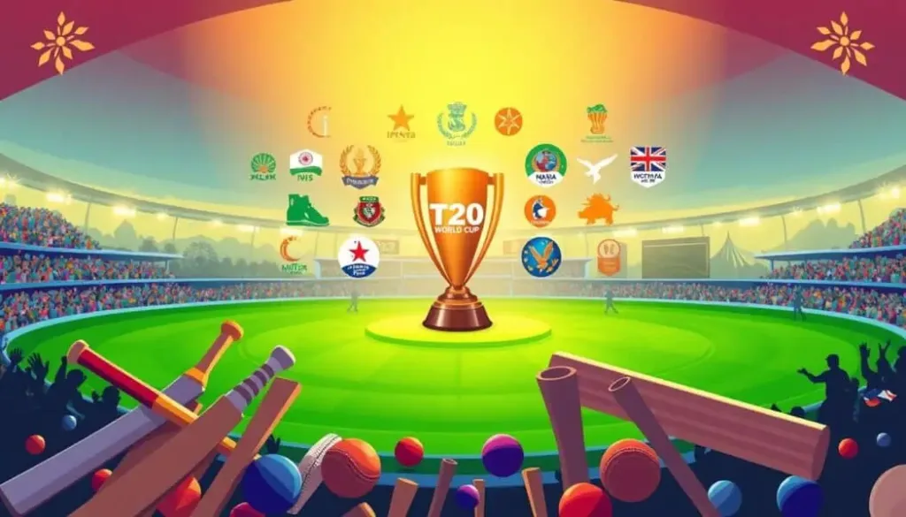 colorfull image showing the trophy in the midle of the image and try to portray the t20 world cup history