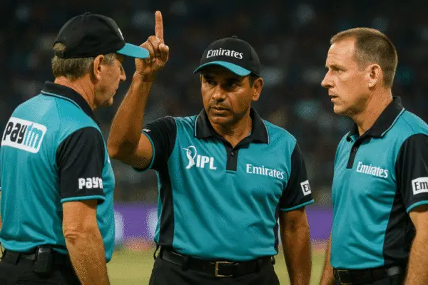 Three IPL cricket umpires in official uniforms discussing a decision on the field, one raising his finger, others looking at each other