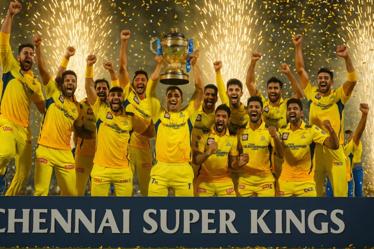 "Chennai Super Kings team lifting the IPL trophy on the podium, yellow fireworks in background