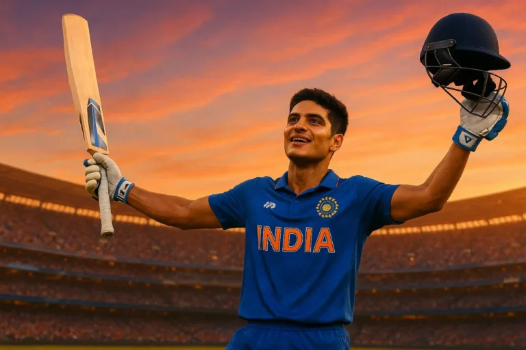 Shubman Gill celebrating a century in a blue Indian cricket jersey, arms raised, bat in one hand, helmet in the other,