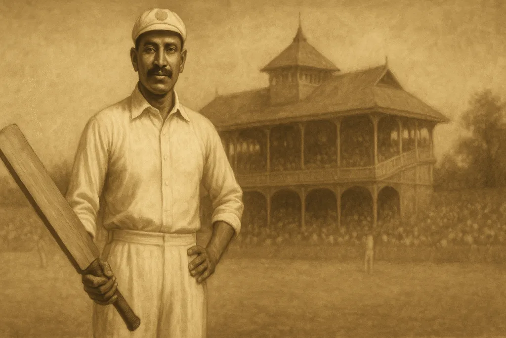 An artistic vintage painting of C.K. Nayudu, India’s first Test cricket captain, wearing a traditional white cricket uniform, holding a bat, standing proudly in front of an old colonial-era stadium with faded spectators in the background lets see the india test captain list