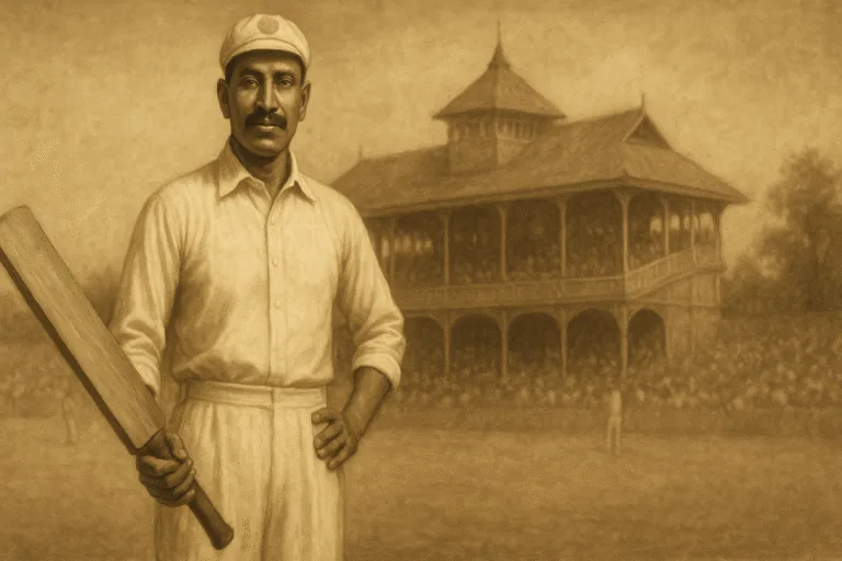 An artistic vintage painting of C.K. Nayudu, India’s first Test cricket captain, wearing a traditional white cricket uniform, holding a bat, standing proudly in front of an old colonial-era stadium with faded spectators in the background lets see the india test captain list