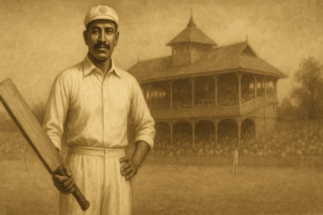 An artistic vintage painting of C.K. Nayudu, India’s first Test cricket captain, wearing a traditional white cricket uniform, holding a bat, standing proudly in front of an old colonial-era stadium with faded spectators in the background lets see the india test captain list