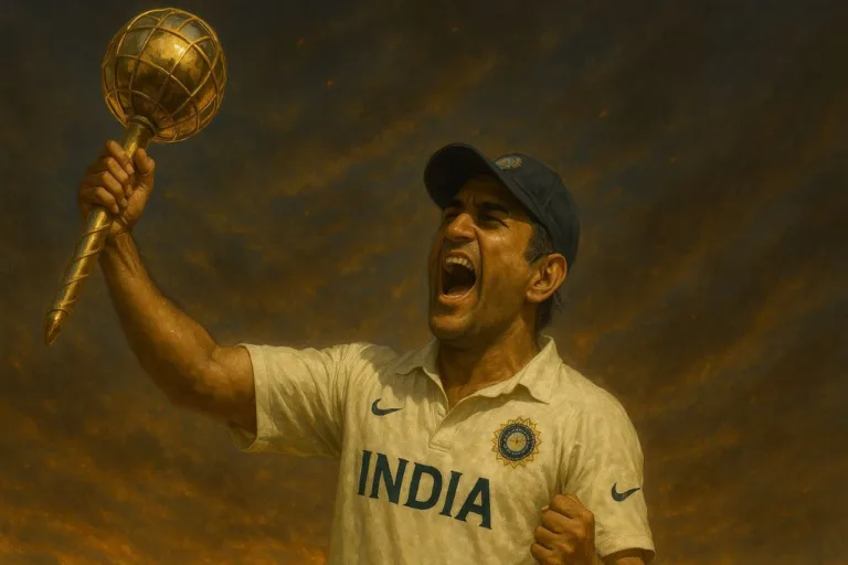 create an image about ms dhoni in test jersey lifting test championship trophy