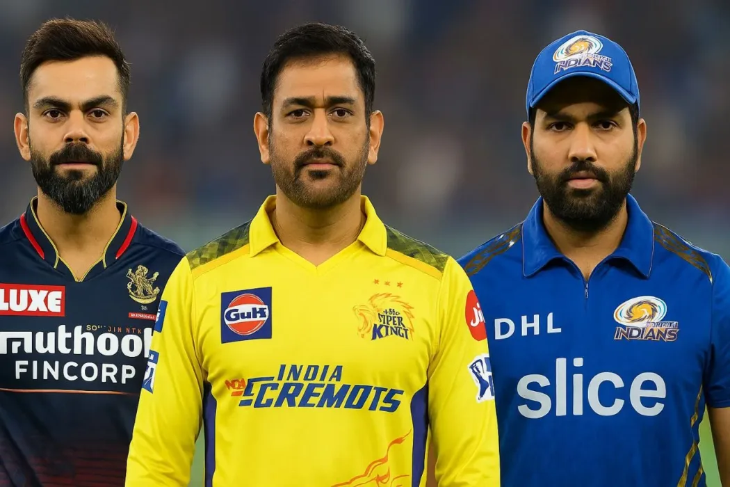 Virat Kohli, MS Dhoni, and Rohit Sharma standing side by side in their respective IPL jerseys—Royal Challengers Bangalore, Chennai Super Kings, and Mumbai Indians—against a blurred stadium background, styled as a realistic website banner.