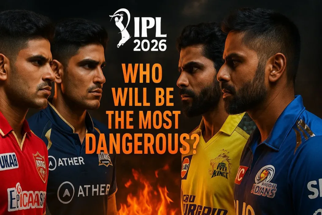 four IPL captains (Shreyas Iyer - Punjab, Gill - Gujarat, Jadeja - CSK, SKY - MI) facing each other with intense expressions in a split-screen style.