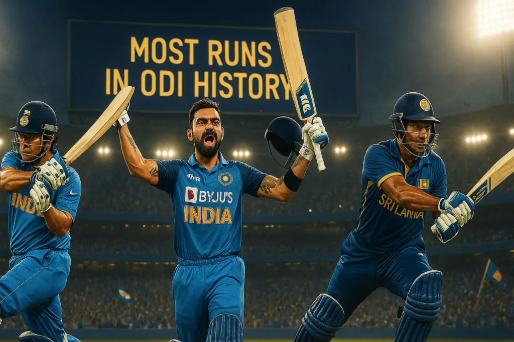 Sachin Tendulkar, Virat Kohli, and Kumar Sangakkara in action with a glowing scoreboard behind them reading "Most Runs in ODI History," set in a packed stadium under lights.