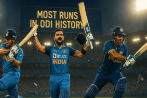 Sachin Tendulkar, Virat Kohli, and Kumar Sangakkara in action with a glowing scoreboard behind them reading "Most Runs in ODI History," set in a packed stadium under lights.