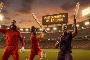 A packed cricket stadium at sunset with Chris Gayle celebrating, AB de Villiers playing a scoop shot, and Andre Russell flexing his muscles — all under a glowing scoreboard reading “Most Dangerous IPL Batsmen”; a powerful depiction for Who Is the Dangerous Batsman in IPL?