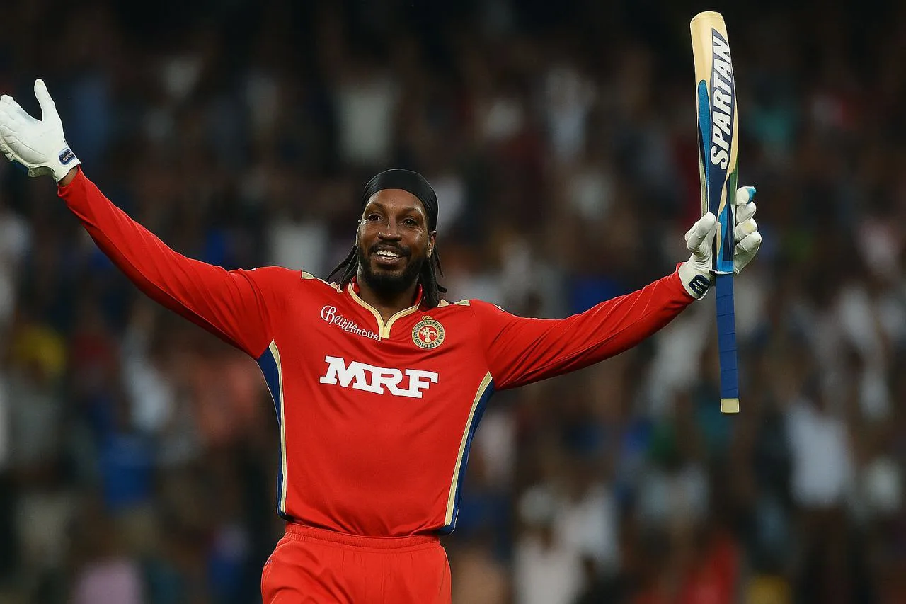 Chris Gayle celebrates his iconic 175-run knock for Royal Challengers Bangalore in IPL, arms raised with a Spartan bat, wearing RCB jersey in a packed stadium.