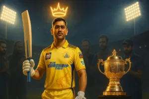 MS Dhoni, the legendary baap of IPL, stands tall in his CSK jersey under stadium lights with the IPL trophy beside him, as cricket greats admire him in the background.