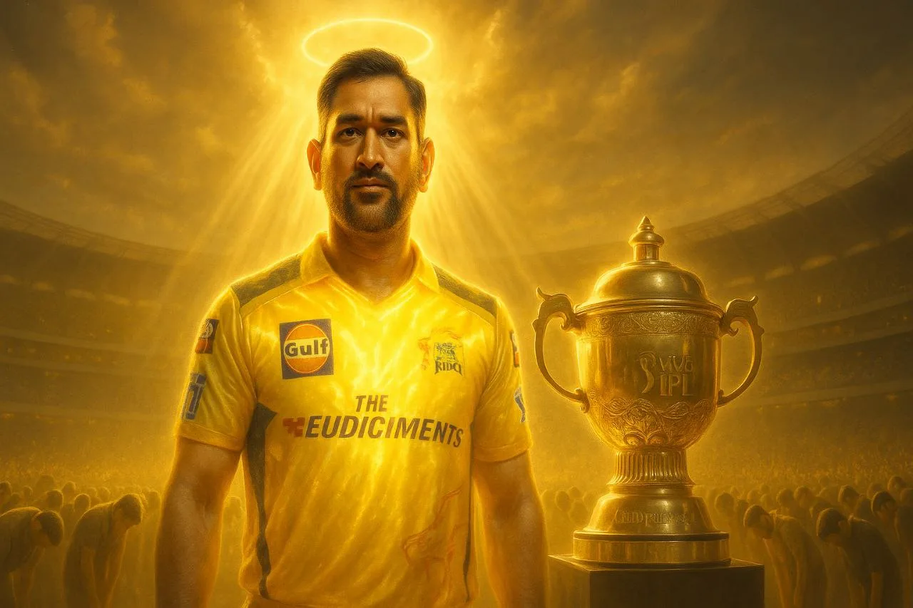 MS Dhoni in a glowing Chennai Super Kings jersey with a halo above his head, standing beside the IPL trophy in a divine-lit cricket stadium as fans bow in reverence.