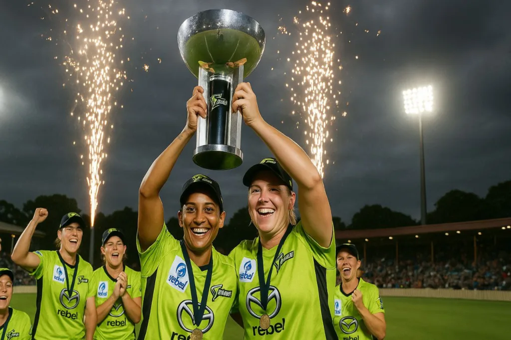 Sydney Thunder players Shabnim Ismail and Sammy-Jo Johnson celebrating their Women’s Big Bash League 2020 championship win at North Sydney Oval under floodlights with fireworks in the background.
