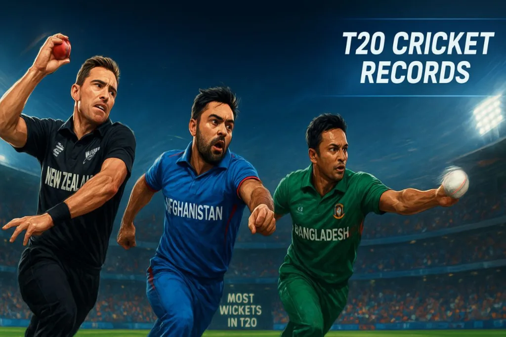 High-resolution digital artwork of Tim Southee, Rashid Khan, and Shakib Al Hasan bowling in a packed stadium under floodlights, with a scoreboard reading "Most Wickets in T20" and a modern sports graphic overlay.