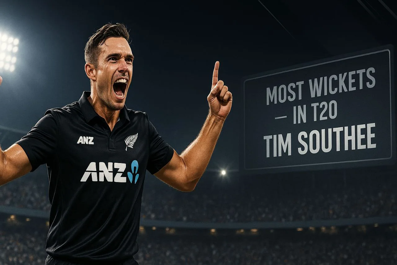High-resolution digital sports artwork of Tim Southee celebrating after taking a wicket in a T20 international match, wearing New Zealand’s black jersey with silver fern logo, under stadium floodlights with a glowing scoreboard reading “Most Wickets in T20 – Tim Southee.”