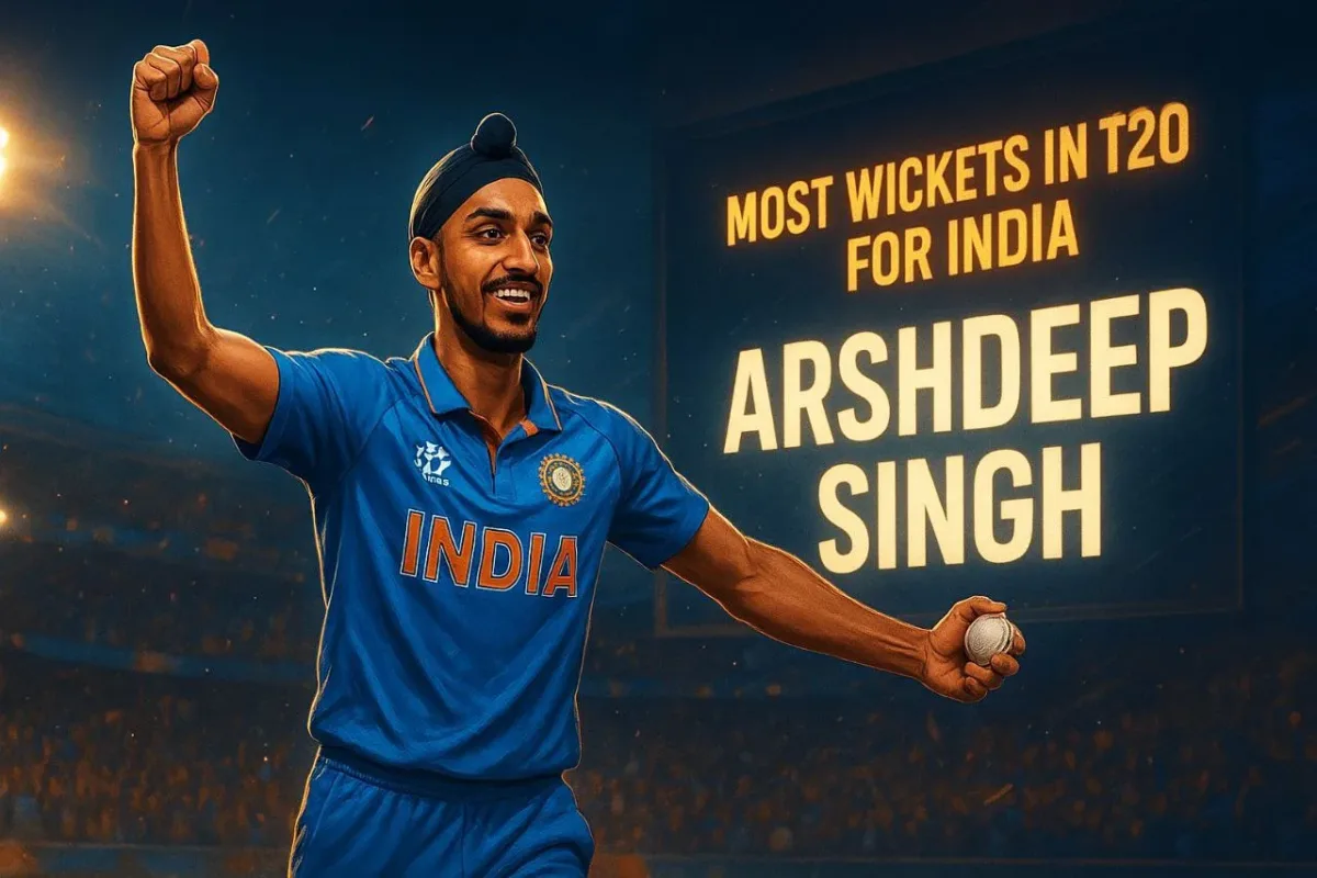 High-quality digital illustration of Arshdeep Singh celebrating after taking a wicket in a T20 international match for India, wearing the blue Indian cricket team jersey, with a glowing scoreboard reading “Most Wickets in T20 for India – Arshdeep Singh” in the background.
