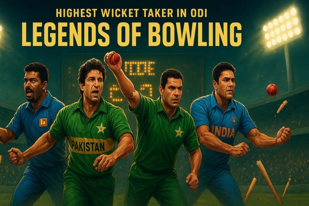 Highest wicket taker in ODI – legendary bowlers Muttiah Muralitharan, Wasim Akram, Waqar Younis, and Anil Kumble in action montage with cricket stadium background