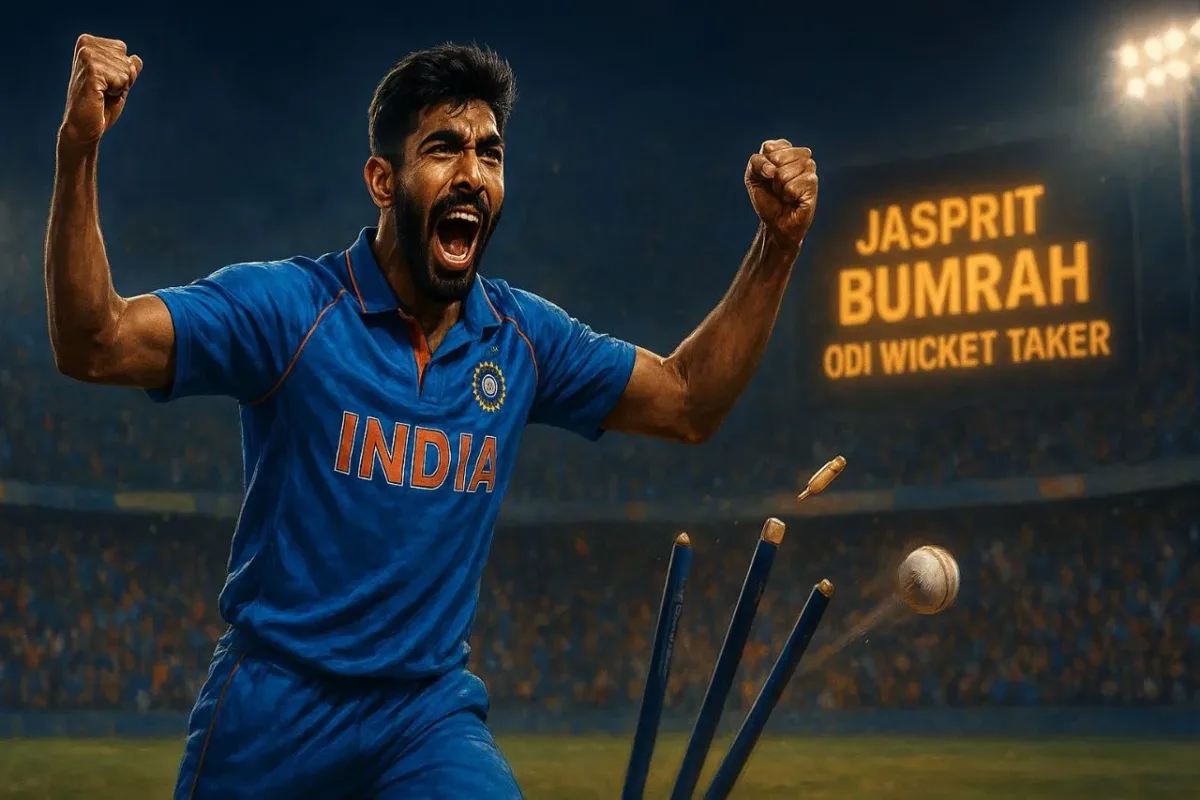 Jasprit Bumrah celebrating after taking a wicket in an ODI match, wearing India’s blue jersey with flying stumps in a packed stadium.