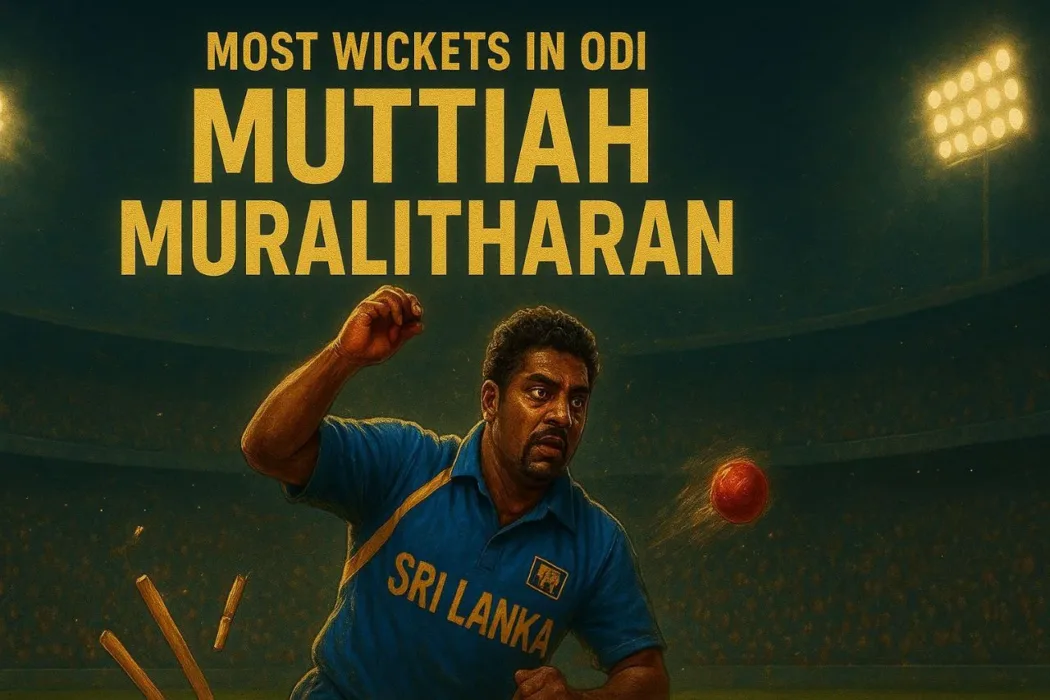 High-resolution banner illustration of Muttiah Muralitharan in Sri Lanka cricket jersey bowling in action, with glowing scoreboard and bold text “Most Wickets in ODI – Muttiah Muralitharan,” under bright floodlights in a packed stadium.