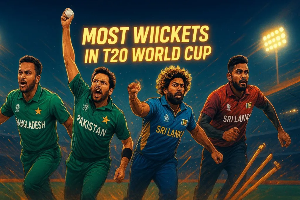 Most wickets in T20 World Cup – top wicket-taking bowlers in T20 World Cup history including Shakib Al Hasan, Afridi, and Malinga