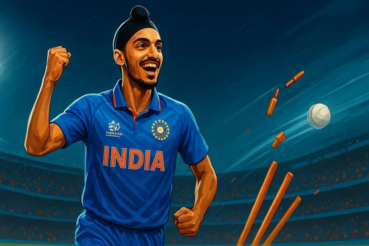 Arshdeep Singh celebrating after taking a wicket in the T20 World Cup, wearing India’s blue jersey with flying stumps and stadium lights in the background.