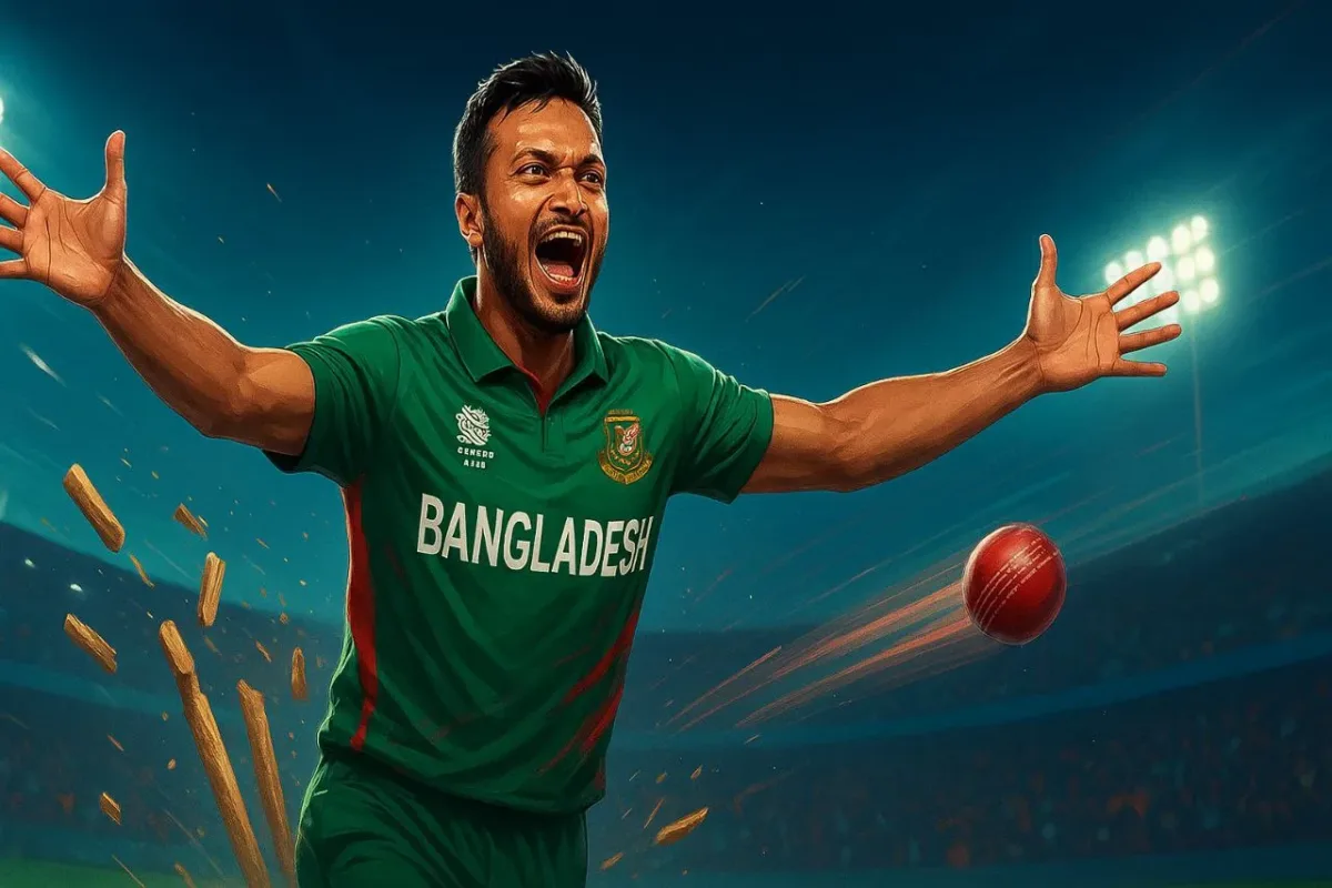 High-resolution illustration of Shakib Al Hasan celebrating after taking a wicket in the T20 World Cup, wearing Bangladesh’s green and red jersey with arms raised, cricket stadium background, cheering fans, flying stumps, and motion blur cricket ball under floodlights.