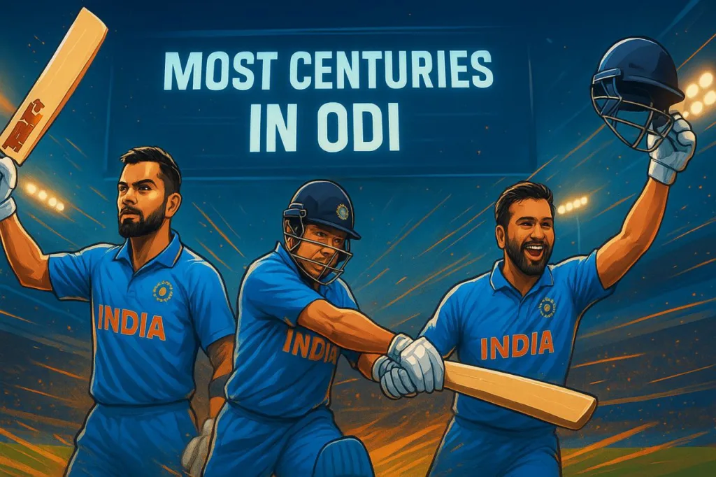 High-resolution sports banner illustration of Virat Kohli, Sachin Tendulkar, and Rohit Sharma celebrating their records for most centuries in ODI cricket under stadium floodlights with a scoreboard displaying “Most Centuries in ODI.”