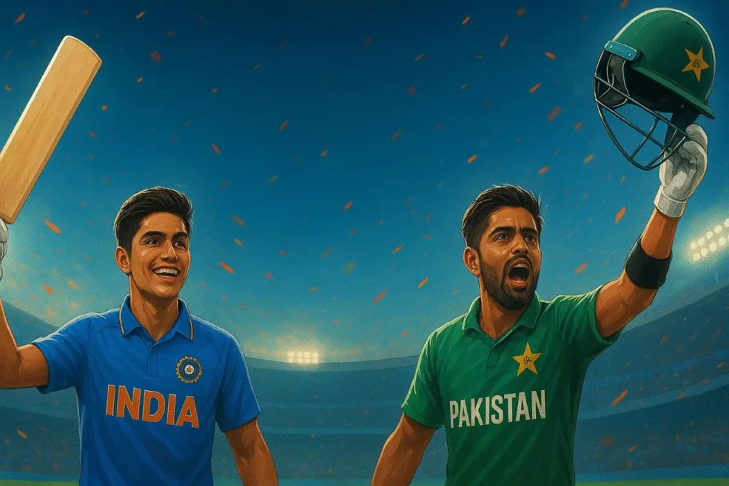 A high-resolution sports banner illustration of Shubman Gill in India’s blue jersey raising his bat with a smile, and Babar Azam in Pakistan’s green jersey lifting his helmet in celebration. The background shows a glowing cricket stadium under floodlights with confetti effects.