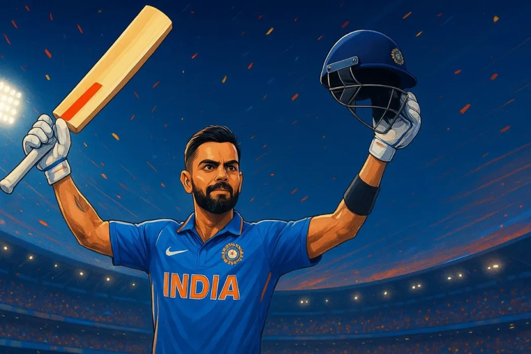 Virat Kohli celebrating his record for most ODI centuries, raising his bat and helmet in India’s blue jersey under floodlights with confetti.