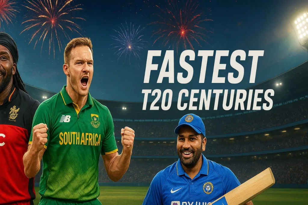 Chris Gayle, David Miller, and Rohit Sharma celebrating the fastest century in T20 cricket under fireworks in a packed stadium.