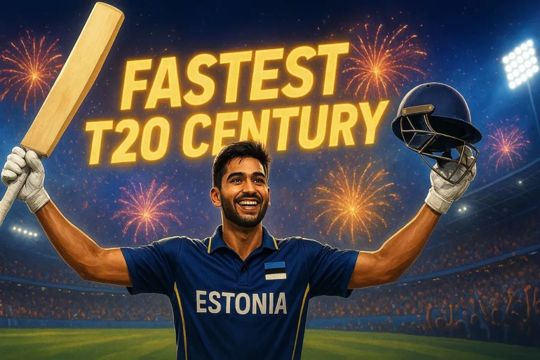 Estonian cricketer Sahil Chauhan celebrating his fastest T20 century with bat raised, wearing Estonia’s blue jersey under stadium floodlights and fireworks.
