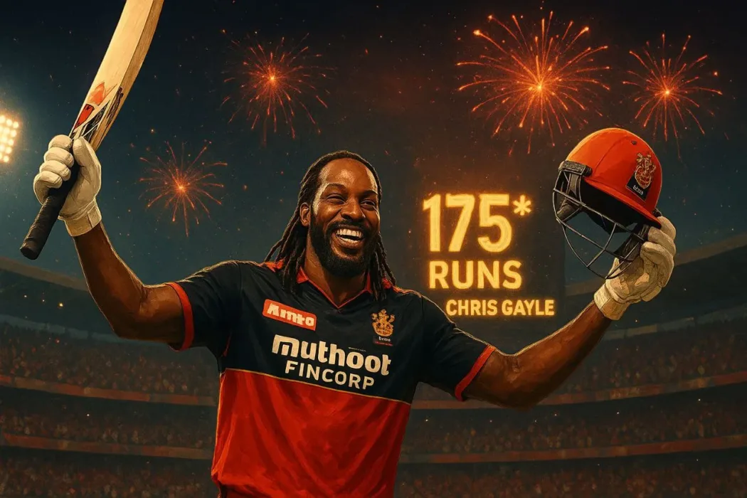 Chris Gayle celebrating his iconic 175 runs for RCB in IPL, wearing red and black jersey, bat raised under stadium floodlights with cheering fans and fireworks.