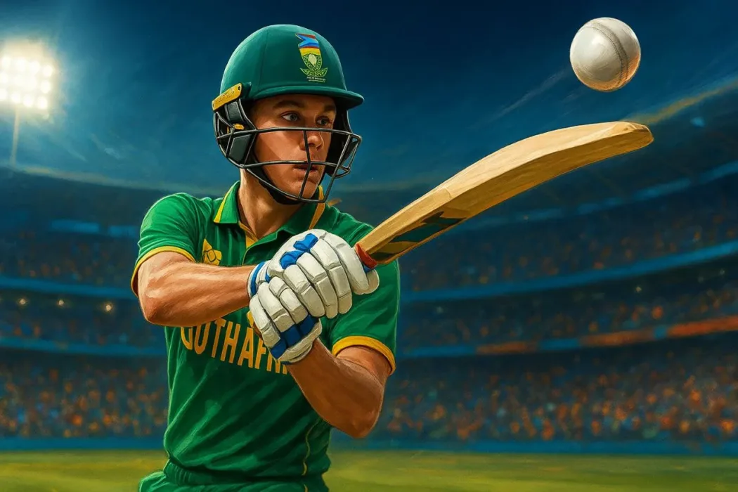 South African cricketer Dewald Brevis playing a stylish cover drive in green and yellow Proteas jersey under bright stadium floodlights with cheering fans.
