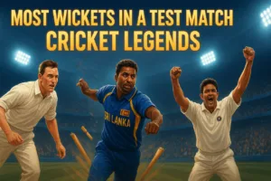 A sports banner illustration of Jim Laker, Muttiah Muralitharan, and Anil Kumble in action, celebrating their historic bowling achievements, with glowing text “Most Wickets in a Test Match – Cricket Legends” in a packed stadium under floodlights.
