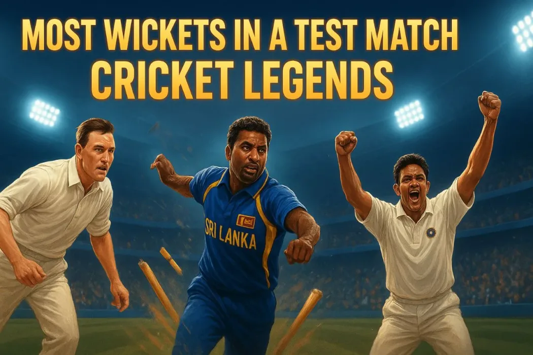 A sports banner illustration of Jim Laker, Muttiah Muralitharan, and Anil Kumble in action, celebrating their historic bowling achievements, with glowing text “Most Wickets in a Test Match – Cricket Legends” in a packed stadium under floodlights.