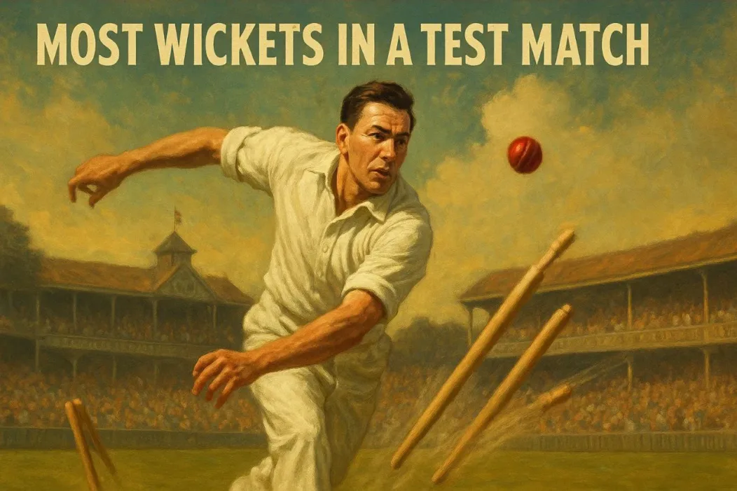 High-resolution sports illustration of Jim Laker in England’s classic white Test kit, bowling mid-action with flying stumps, packed historic cricket stadium, and the text “Most Wickets in a Test Match.”