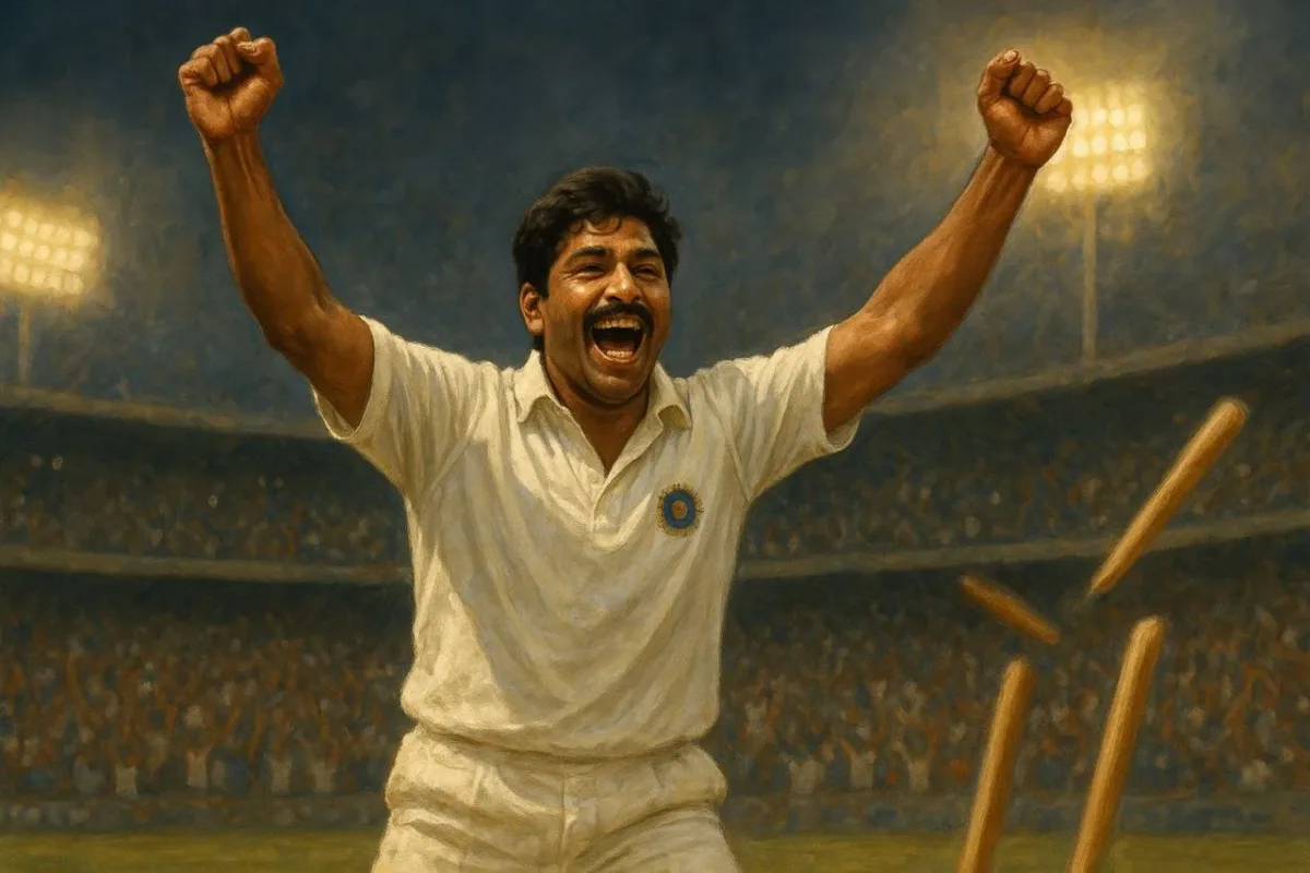 Narendra Hirwani celebrating after taking a wicket, wearing India’s 1980s white Test kit, with arms raised and flying stumps in a packed stadium under floodlights.