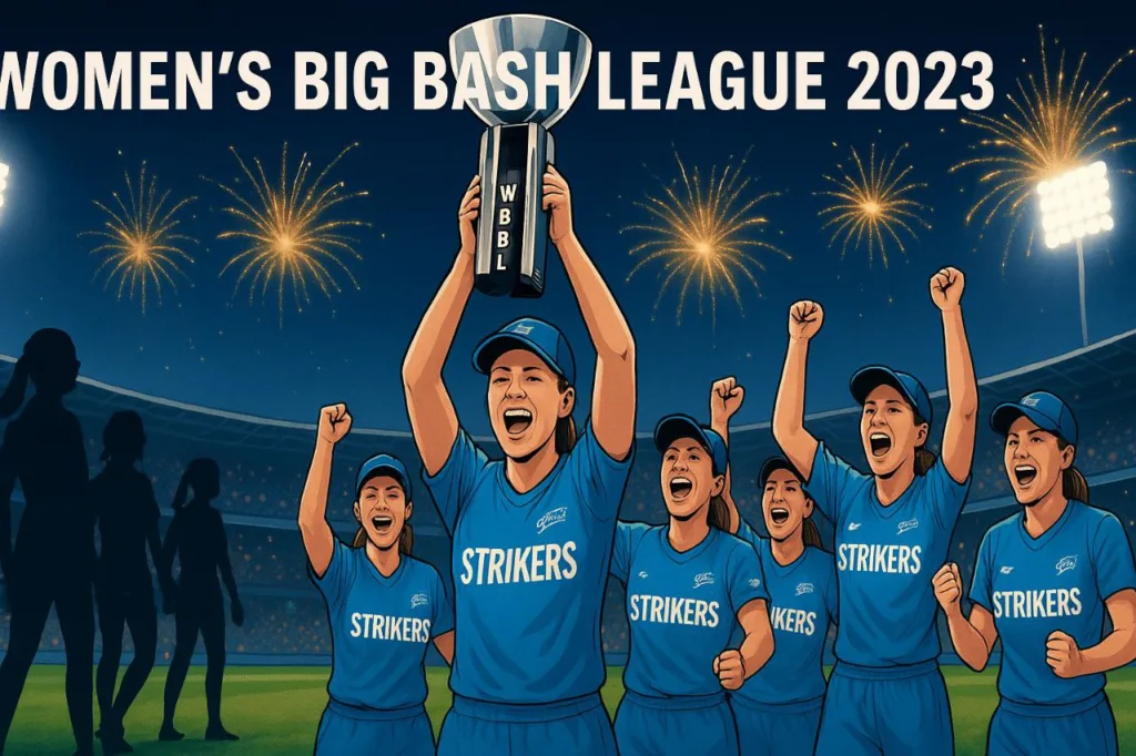 High-resolution sports banner illustration of Women Big Bash League 2023 champions Adelaide Strikers Women celebrating with captain Tahlia McGrath holding the trophy under stadium floodlights and fireworks.