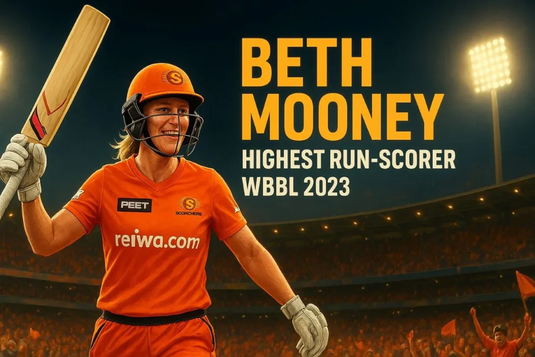 High-resolution illustration of Beth Mooney in Perth Scorchers orange kit celebrating as the top run-scorer of Women Big Bash League 2023, raising her bat proudly under stadium floodlights with cheering fans and a digital scoreboard.