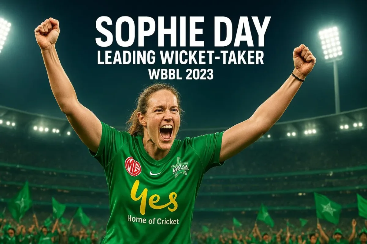 High-resolution illustration of Sophie Day in Melbourne Stars green kit celebrating as the leading wicket-taker of Women Big Bash League 2023, arms raised in triumph under bright floodlights with cheering fans and a digital scoreboard.