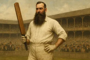 High-resolution sports illustration of W.G. Grace, the Godfather of Cricket, in classic 19th-century whites holding his bat confidently in a vintage stadium.
