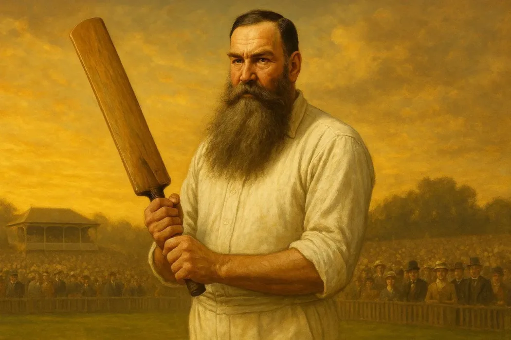 High-resolution illustration of W.G. Grace, the Godfather of Cricket, in 19th-century whites holding a bat with his iconic long beard, set against a vintage cricket ground and golden sunset.