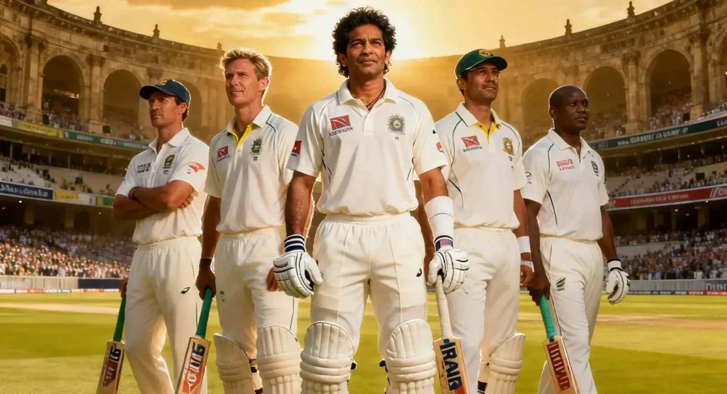 Sachin Tendulkar stands confidently with his bat raised in the center, surrounded by legendary Test cricket batsmen Ricky Ponting, Jacques Kallis, Rahul Dravid, and Brian Lara, all in classic cricket whites on a historic stadium field under golden sunlight.