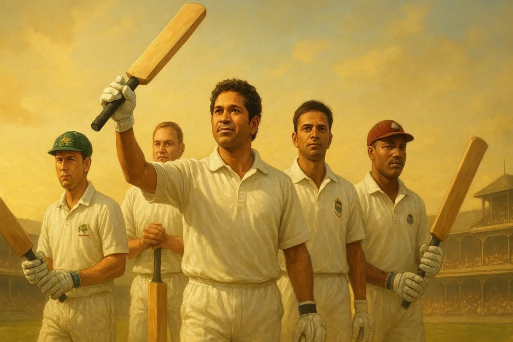 A realistic sports banner showing Sachin Tendulkar, Ricky Ponting, Jacques Kallis, Rahul Dravid, and Brian Lara in classic Test whites, celebrating the glory of Test cricket and symbolizing players with the most runs in Test history.