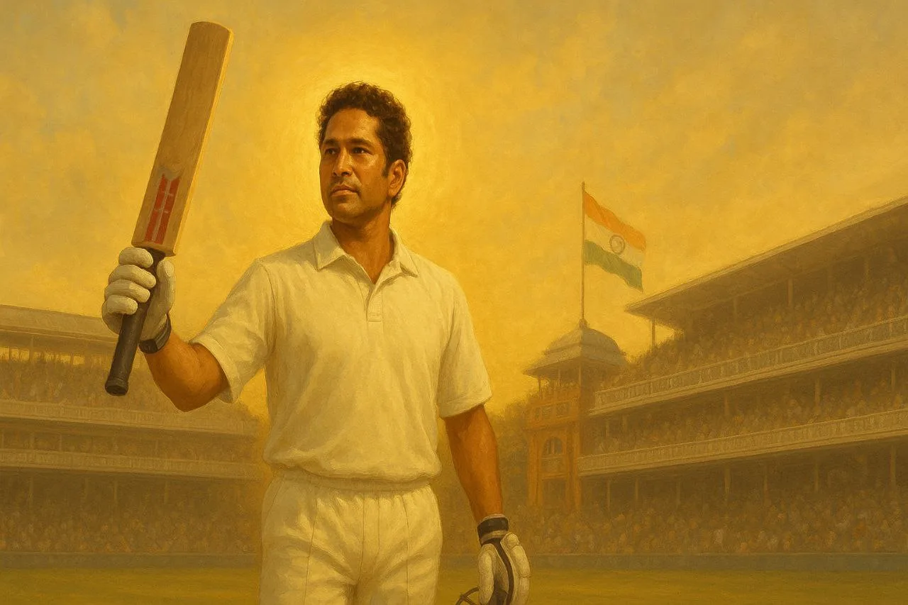 High-resolution sports illustration of Sachin Tendulkar celebrating a century in Test cricket, symbolizing his record for most Test runs (15,921) with a golden aura and historic stadium background.