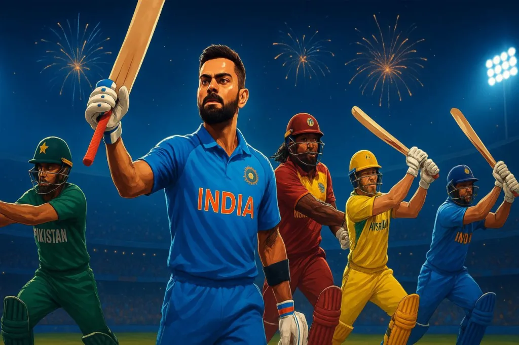 Greatest T20 cricket batsmen including Virat Kohli, Babar Azam, Chris Gayle, David Warner, and Rohit Sharma celebrating under stadium lights