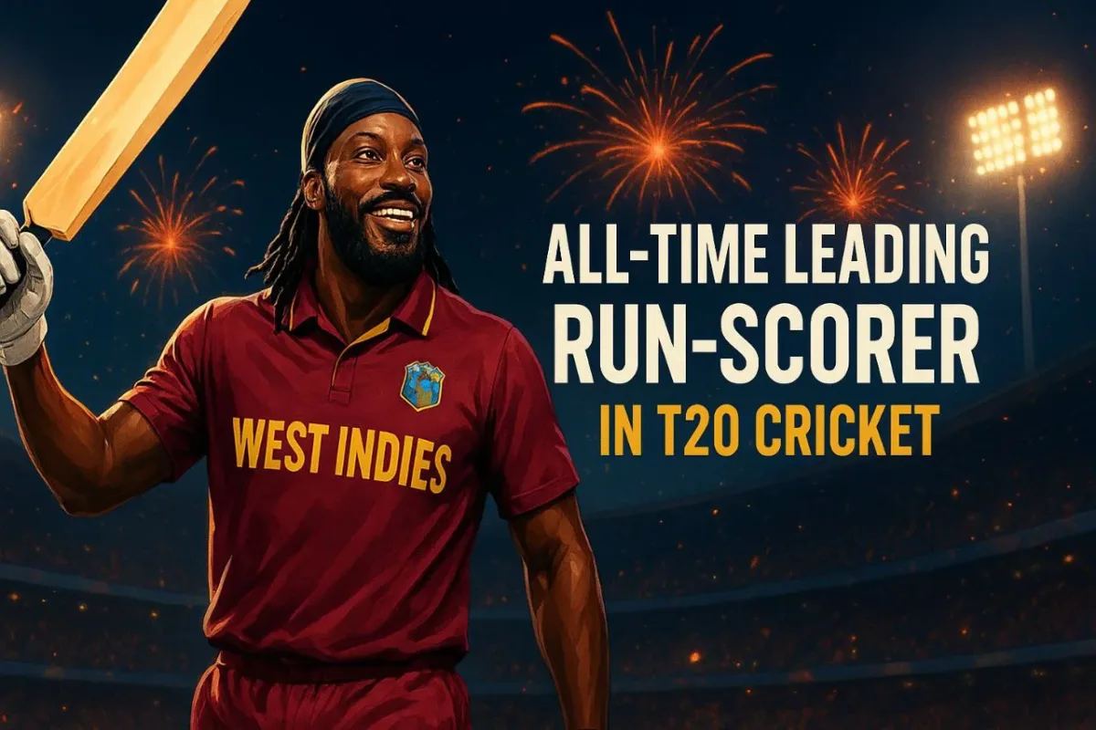 Chris Gayle celebrates as the all-time leading run-scorer in T20 cricket, wearing the West Indies jersey under bright stadium lights with fireworks in the background.