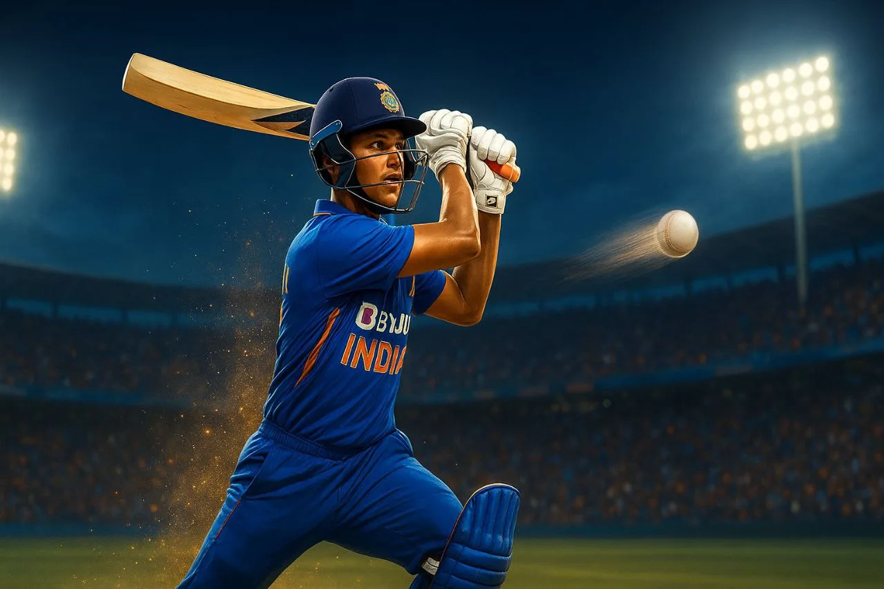 High-resolution sports illustration of Yashasvi Jaiswal in India’s blue T20 jersey playing a powerful drive under stadium floodlights, with motion blur on the ball and sparks around the bat, symbolizing his dynamic and aggressive batting style.