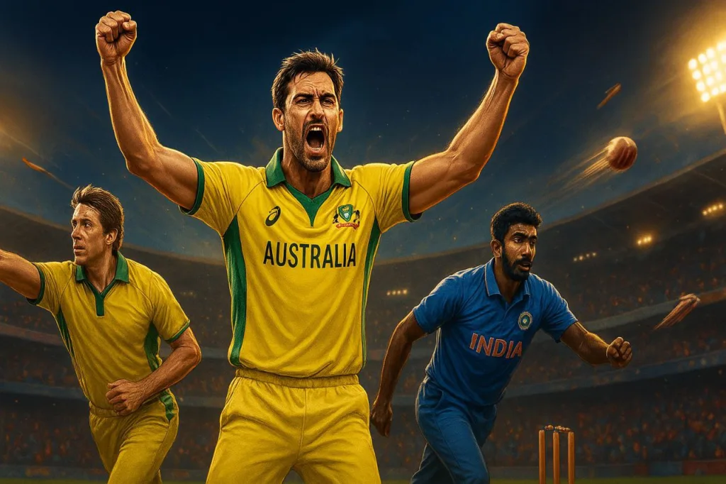 A high-resolution sports banner featuring legendary bowlers Mitchell Starc, Glenn McGrath, Muttiah Muralitharan, and Jasprit Bumrah in action at a packed ODI World Cup stadium, symbolizing dominance and precision — most wickets in ODI World Cup.