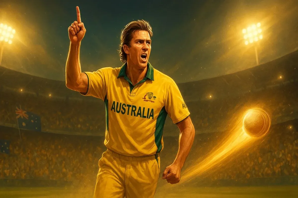 Illustration of Glenn McGrath celebrating a wicket in Australia’s yellow jersey, symbolizing his record for most wickets in ODI World Cup history.